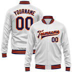 Custom White Navy-Orange Bomber Full-Snap Varsity Faux Leather Letterman Jacket
