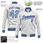 Custom White Light Blue-Navy Bomber Full-Snap Varsity Faux Leather Letterman Jacket