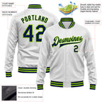 Custom White Navy-Neon Green Bomber Full-Snap Varsity Faux Leather Letterman Jacket