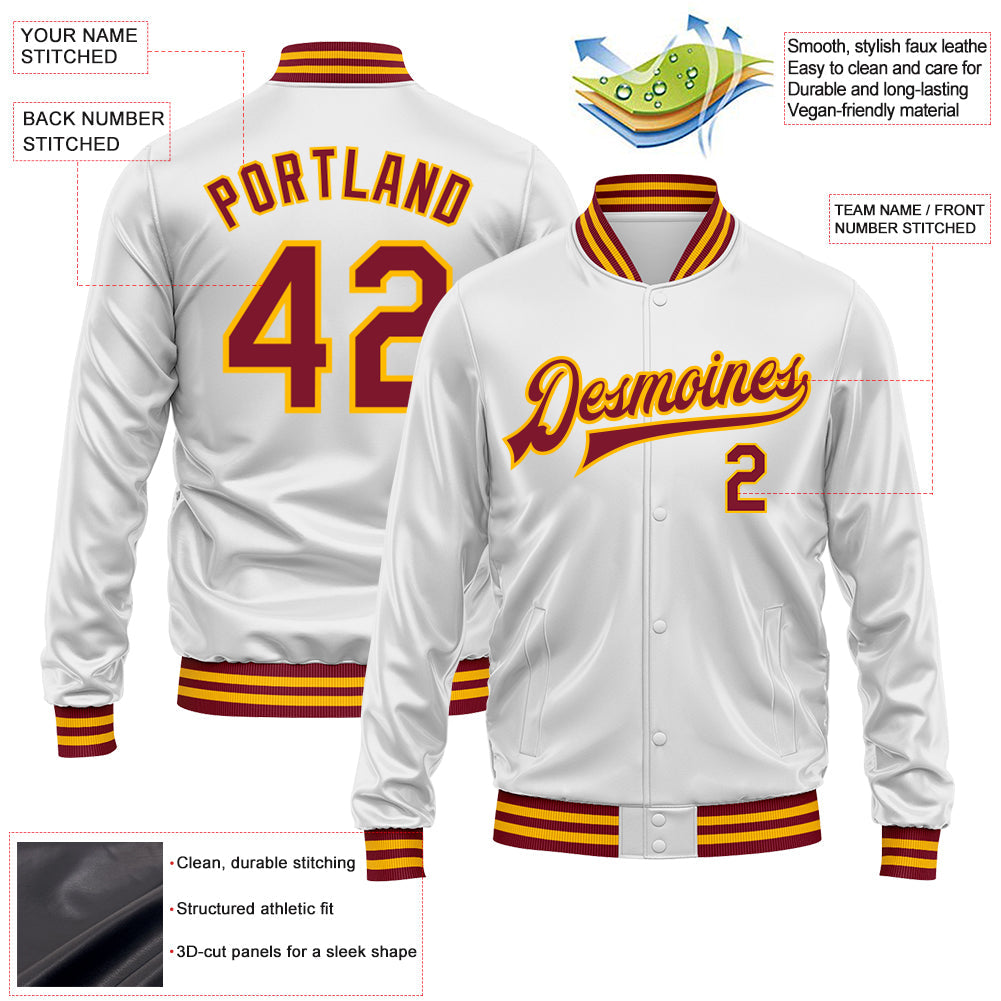 Custom White Crimson-Gold Bomber Full-Snap Varsity Faux Leather Letterman Jacket