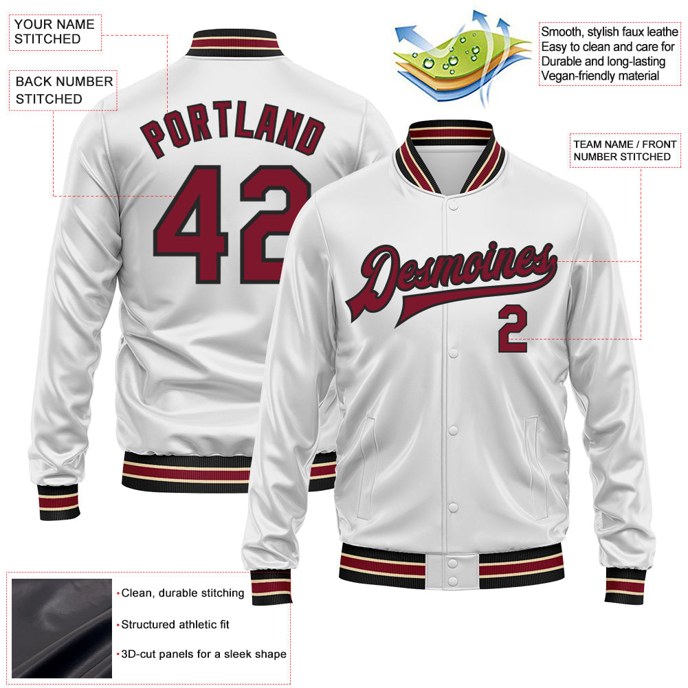 Custom White Crimson-Black Bomber Full-Snap Varsity Faux Leather Letterman Jacket