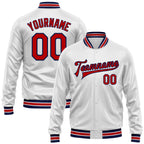 Custom White Red-Navy Bomber Full-Snap Varsity Faux Leather Letterman Jacket