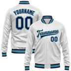 Custom White Navy Teal-Gray Bomber Full-Snap Varsity Faux Leather Letterman Jacket
