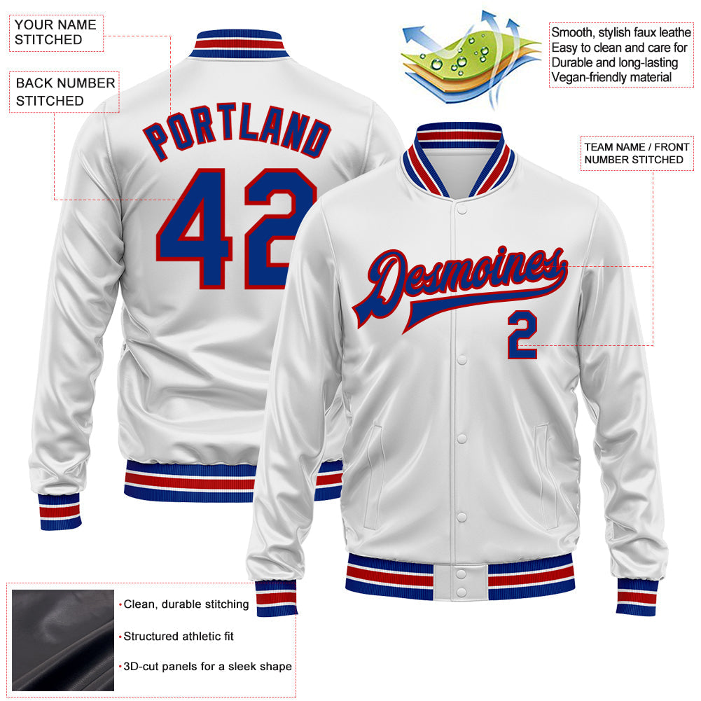 Custom White Royal-Red Bomber Full-Snap Varsity Faux Leather Letterman Jacket