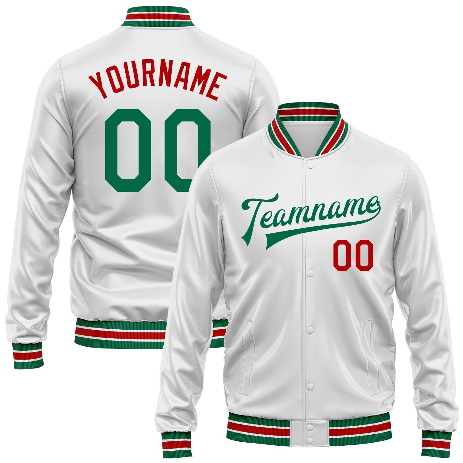 Custom White Kelly Green-Red Bomber Full-Snap Varsity Faux Leather Letterman Jacket