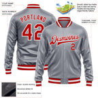 Custom Gray Red-White Bomber Full-Snap Varsity Faux Leather Letterman Jacket