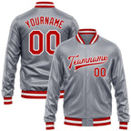 Custom Gray Red-White Bomber Full-Snap Varsity Faux Leather Letterman Jacket