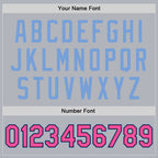 Custom Gray Pink Light Blue-Black Bomber Full-Snap Varsity Faux Leather Letterman Jacket