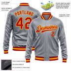 Custom Gray Red-Gold Bomber Full-Snap Varsity Faux Leather Letterman Jacket