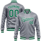 Custom Gray Kelly Green-White Bomber Full-Snap Varsity Faux Leather Letterman Jacket