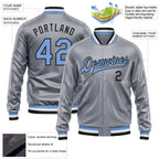 Custom Gray Light Blue-Black Bomber Full-Snap Varsity Faux Leather Letterman Jacket
