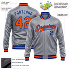 Custom Gray Orange-Royal Bomber Full-Snap Varsity Faux Leather Letterman Jacket