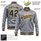 Custom Gray Navy-Gold Bomber Full-Snap Varsity Faux Leather Letterman Jacket