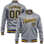 Custom Gray Navy-Gold Bomber Full-Snap Varsity Faux Leather Letterman Jacket