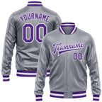 Custom Gray Purple-White Bomber Full-Snap Varsity Faux Leather Letterman Jacket