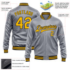 Custom Gray Gold-Black Bomber Full-Snap Varsity Faux Leather Letterman Jacket