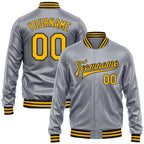 Custom Gray Gold-Black Bomber Full-Snap Varsity Faux Leather Letterman Jacket