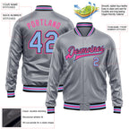 Custom Gray Light Blue Pink-Black Bomber Full-Snap Varsity Faux Leather Letterman Jacket