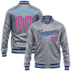 Custom Gray Pink Sky Blue-Black Bomber Full-Snap Varsity Faux Leather Letterman Jacket