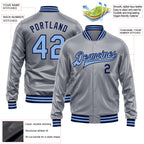 Custom Gray Light Blue-Navy Bomber Full-Snap Varsity Faux Leather Letterman Jacket