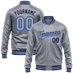 Custom Gray Light Blue-Navy Bomber Full-Snap Varsity Faux Leather Letterman Jacket