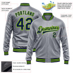Custom Gray Navy-Neon Green Bomber Full-Snap Varsity Faux Leather Letterman Jacket