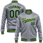 Custom Gray Navy-Neon Green Bomber Full-Snap Varsity Faux Leather Letterman Jacket