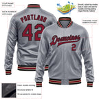 Custom Gray Crimson-Black Bomber Full-Snap Varsity Faux Leather Letterman Jacket