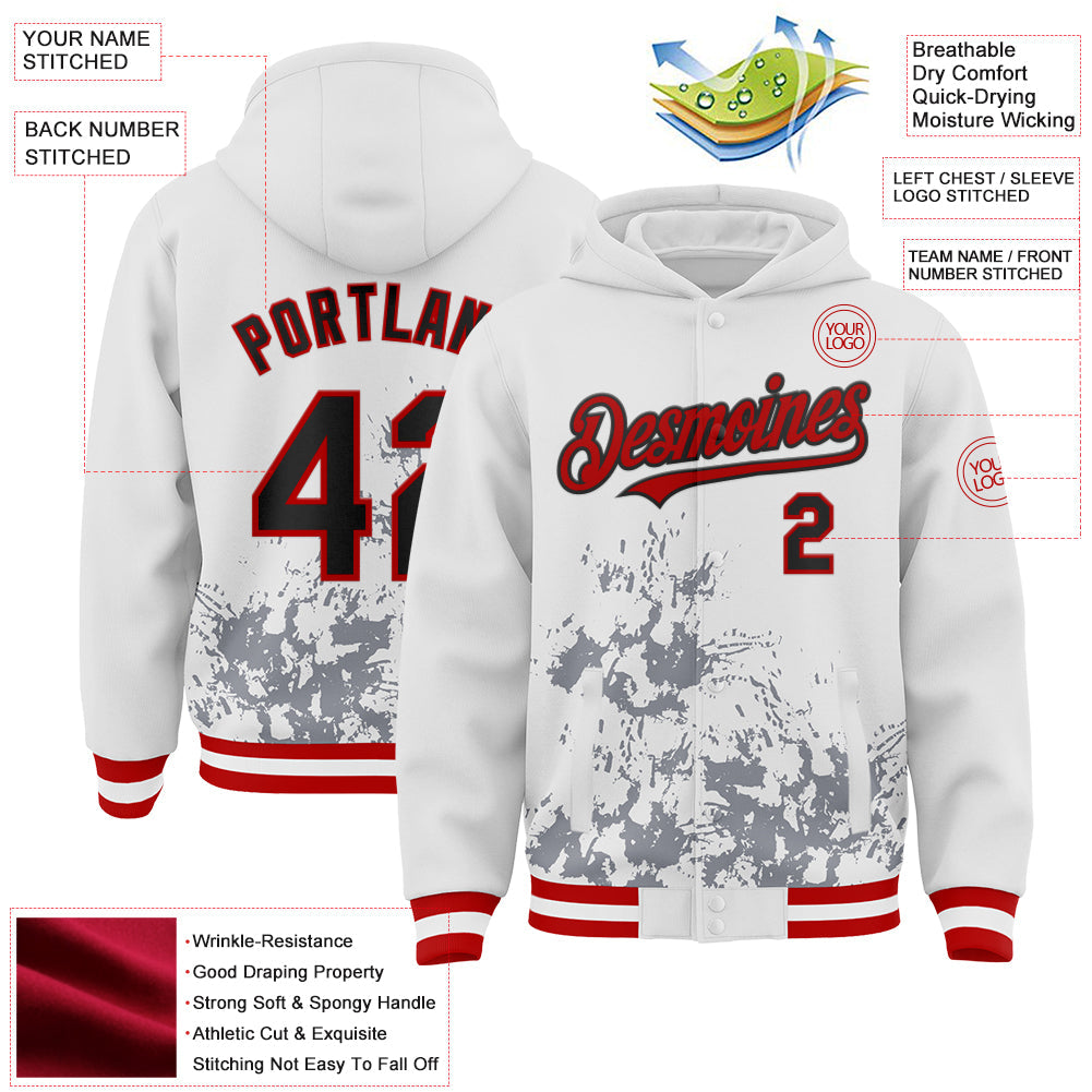 Custom White Black Gray-Red Splash Art 3D Pattern Design Bomber Full-Snap Varsity Letterman Hoodie Jacket