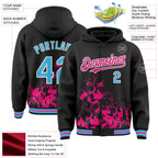 Custom Black Sky Blue Hot Pink-White Splash Art 3D Pattern Design Bomber Full-Snap Varsity Letterman Hoodie Jacket