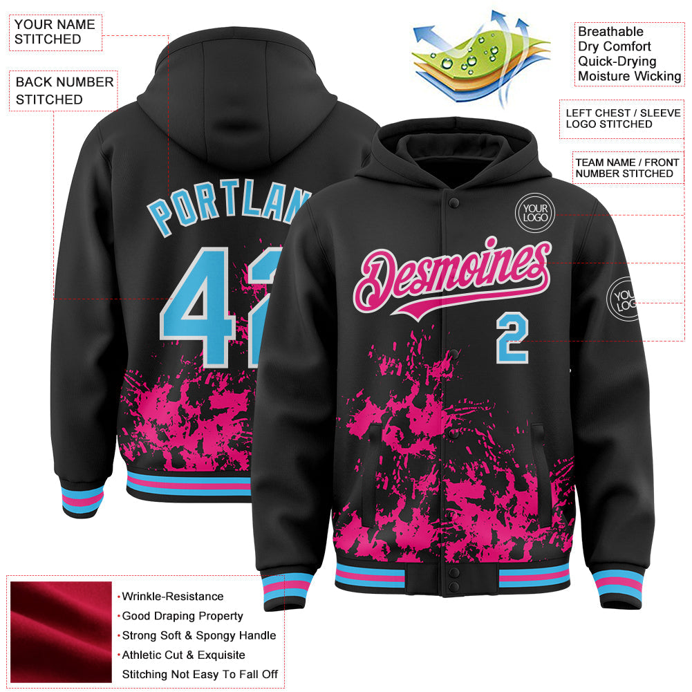 Custom Black Sky Blue Hot Pink-White Splash Art 3D Pattern Design Bomber Full-Snap Varsity Letterman Hoodie Jacket