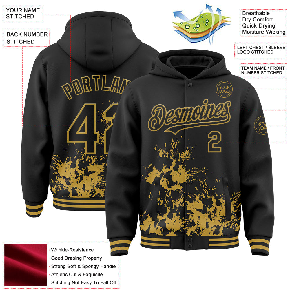 Custom Black Old Gold Splash Art 3D Pattern Design Bomber Full-Snap Varsity Letterman Hoodie Jacket