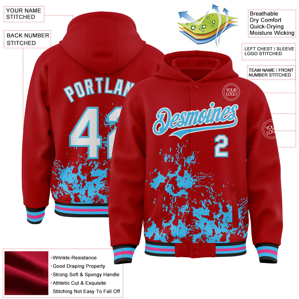 Custom Red White Sky Blue Black-Pink Splash Art 3D Pattern Design Bomber Full-Snap Varsity Letterman Hoodie Jacket