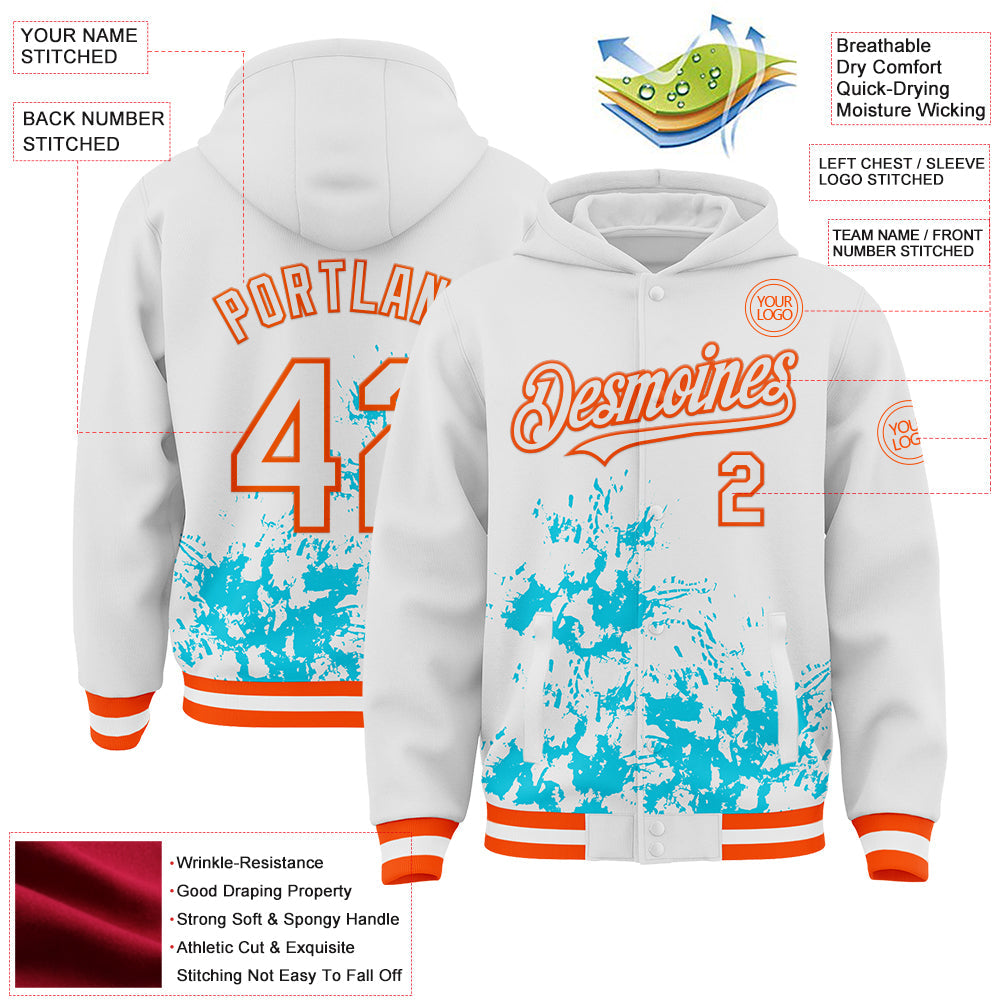 Custom White Lakes Blue-Orange Splash Art 3D Pattern Design Bomber Full-Snap Varsity Letterman Hoodie Jacket