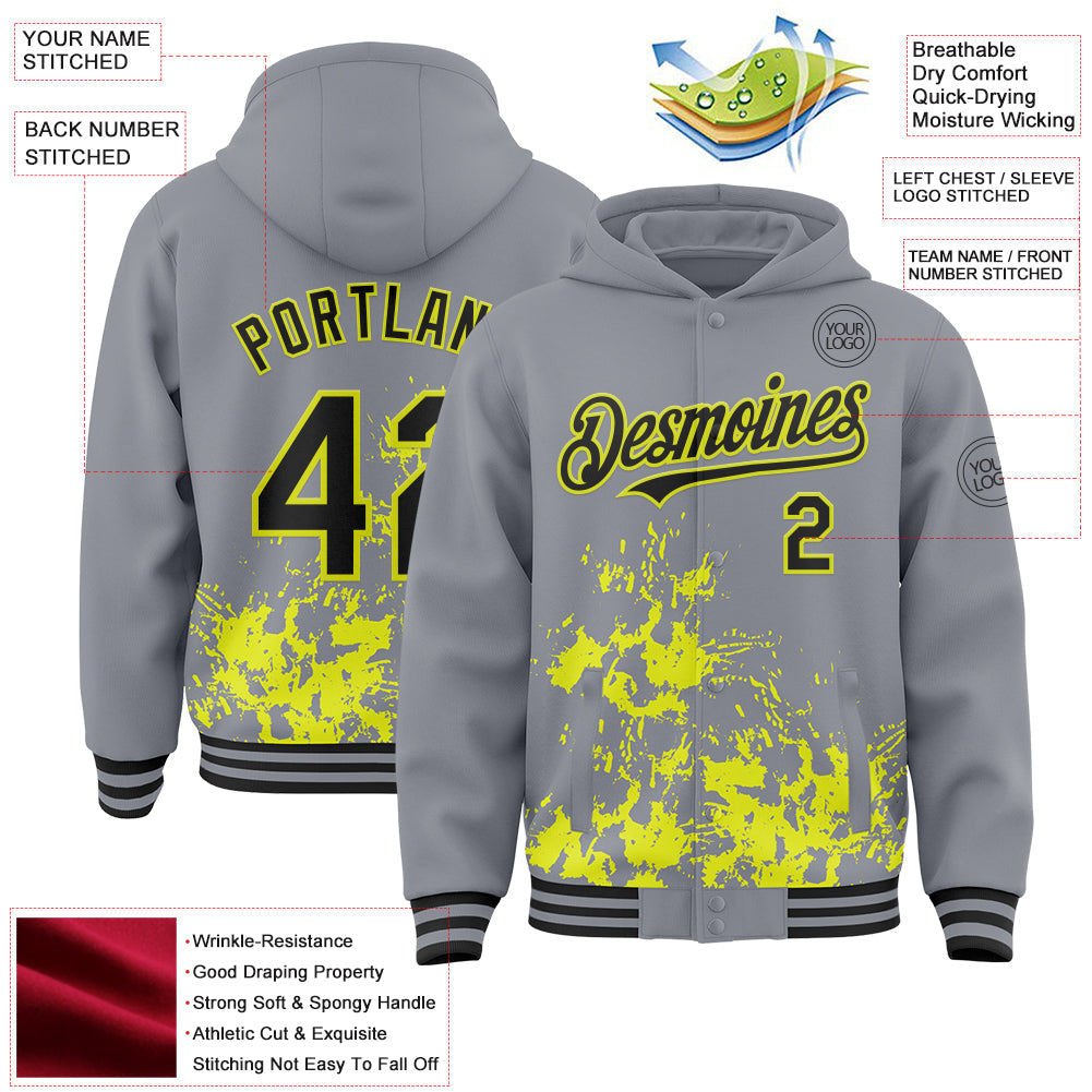 Custom Gray Black-Neon Yellow Splash Art 3D Pattern Design Bomber Full-Snap Varsity Letterman Hoodie Jacket