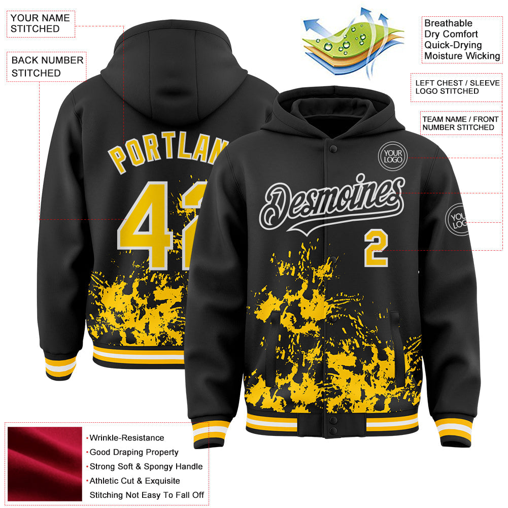 Custom Black Yellow-White Splash Art 3D Pattern Design Bomber Full-Snap Varsity Letterman Hoodie Jacket