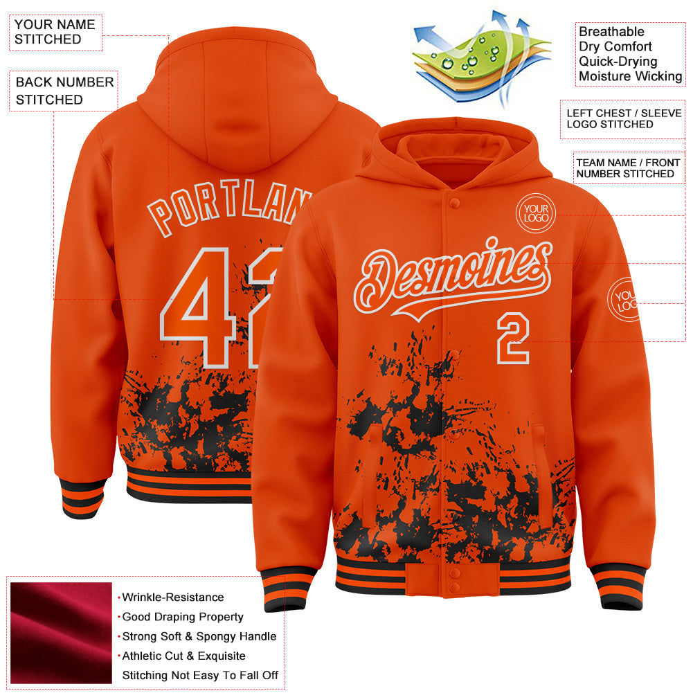 Custom Orange Black-White Splash Art 3D Pattern Design Bomber Full-Snap Varsity Letterman Hoodie Jacket