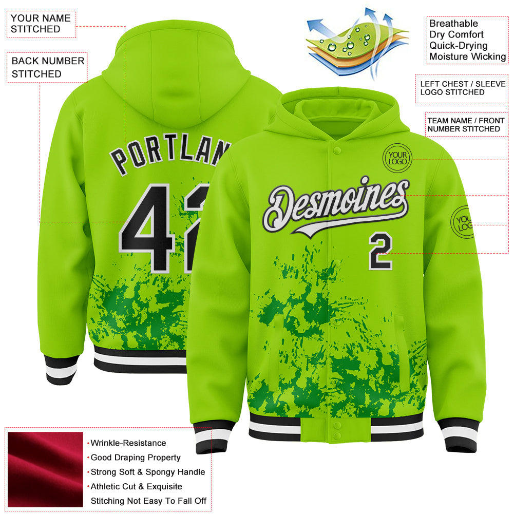 Custom Neon Green Black Grass Green-White Splash Art 3D Pattern Design Bomber Full-Snap Varsity Letterman Hoodie Jacket