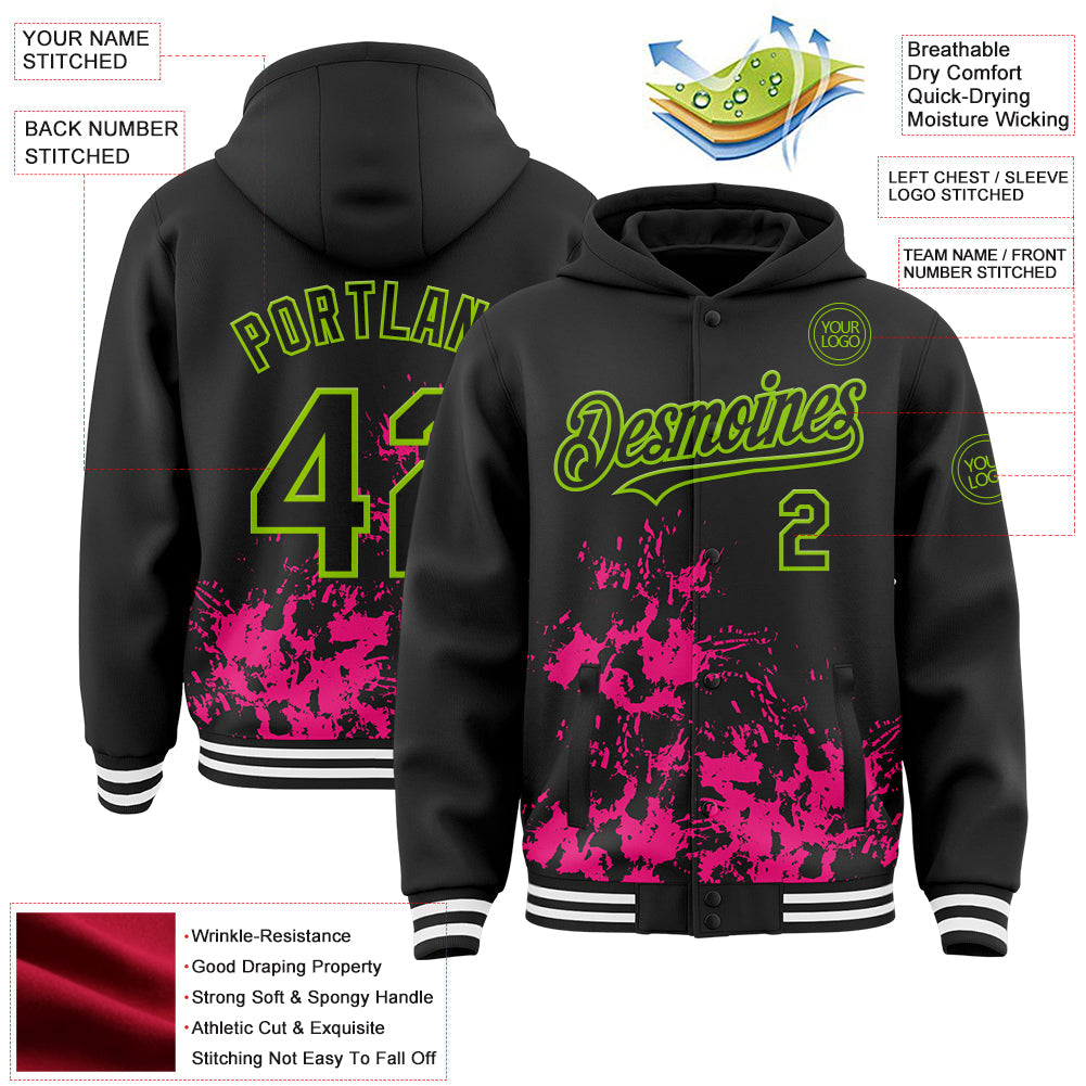 Custom Black Hot Pink Neon Green-White Splash Art 3D Pattern Design Bomber Full-Snap Varsity Letterman Hoodie Jacket