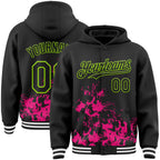 Custom Black Hot Pink Neon Green-White Splash Art 3D Pattern Design Bomber Full-Snap Varsity Letterman Hoodie Jacket