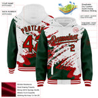 Custom White Red-Green Splash Art 3D Pattern Design Bomber Full-Snap Varsity Letterman Hoodie Jacket