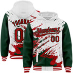 Custom White Red-Green Splash Art 3D Pattern Design Bomber Full-Snap Varsity Letterman Hoodie Jacket