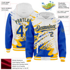 Custom White Thunder Blue-Gold Splash Art 3D Pattern Design Bomber Full-Snap Varsity Letterman Hoodie Jacket
