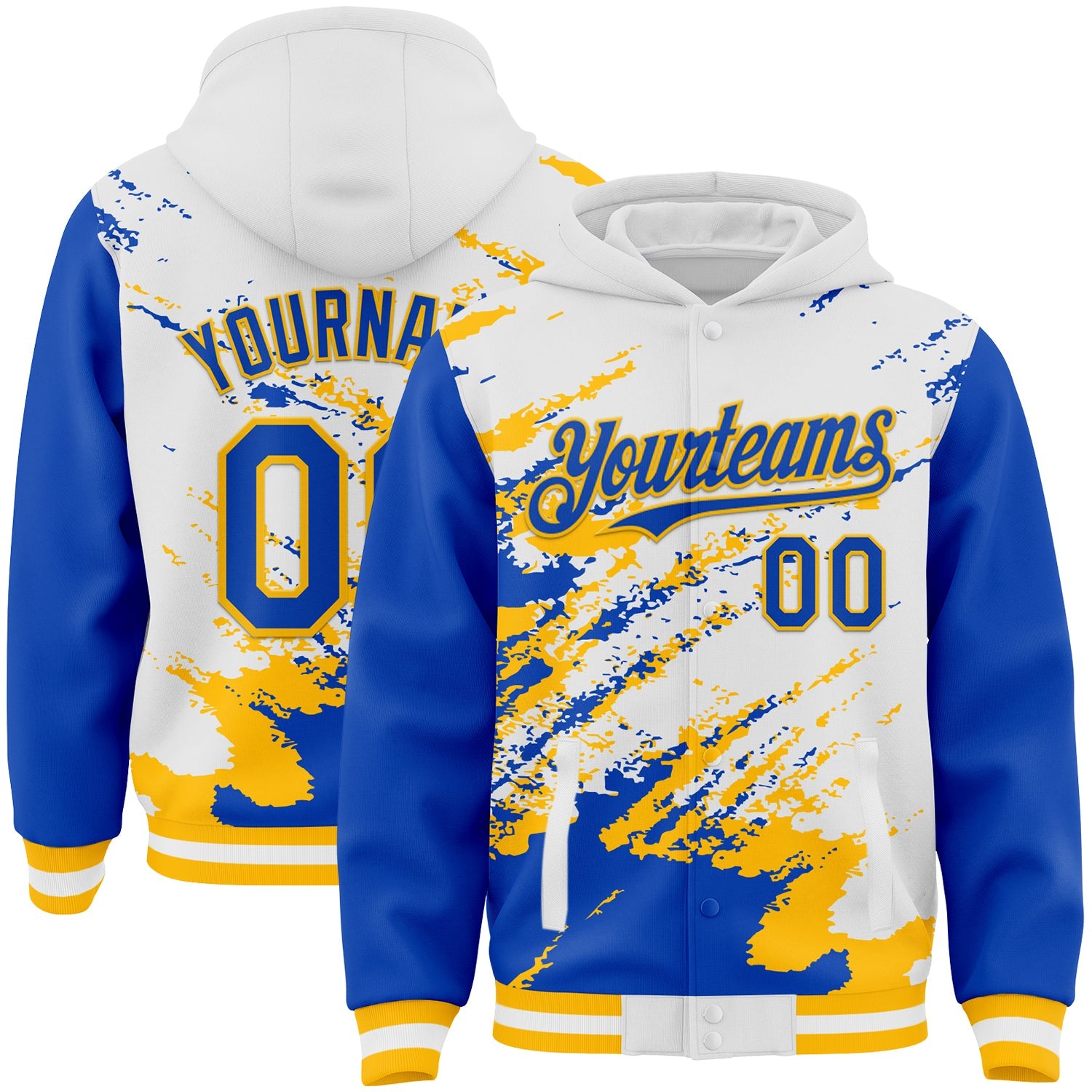 Custom White Thunder Blue-Gold Splash Art 3D Pattern Design Bomber Full-Snap Varsity Letterman Hoodie Jacket