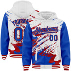 Custom White Thunder Blue-Red Splash Art 3D Pattern Design Bomber Full-Snap Varsity Letterman Hoodie Jacket