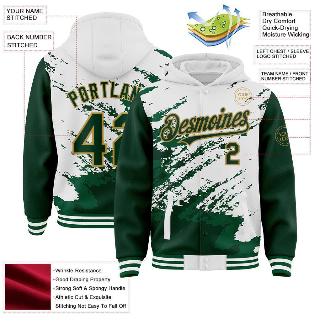 Custom White Green Old Gold Kelly Green Splash Art 3D Pattern Design Bomber Full-Snap Varsity Letterman Hoodie Jacket