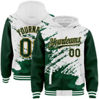 Custom White Green Old Gold Kelly Green Splash Art 3D Pattern Design Bomber Full-Snap Varsity Letterman Hoodie Jacket