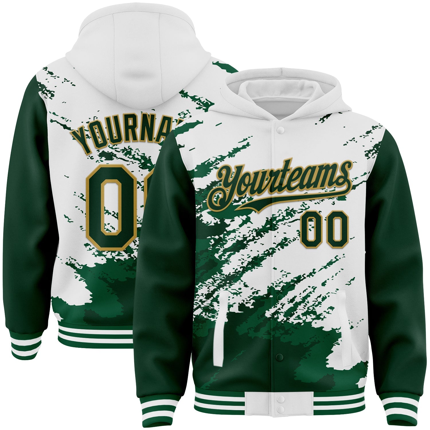 Custom White Green Old Gold Kelly Green Splash Art 3D Pattern Design Bomber Full-Snap Varsity Letterman Hoodie Jacket