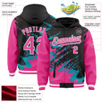 Custom Black Pink Teal-White Splash Art 3D Pattern Design Bomber Full-Snap Varsity Letterman Hoodie Jacket