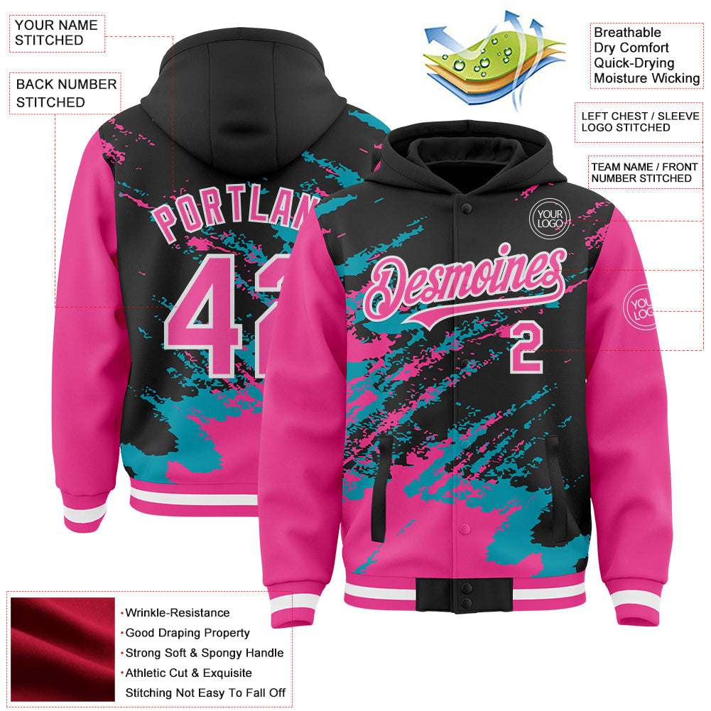 Custom Black Pink Teal-White Splash Art 3D Pattern Design Bomber Full-Snap Varsity Letterman Hoodie Jacket